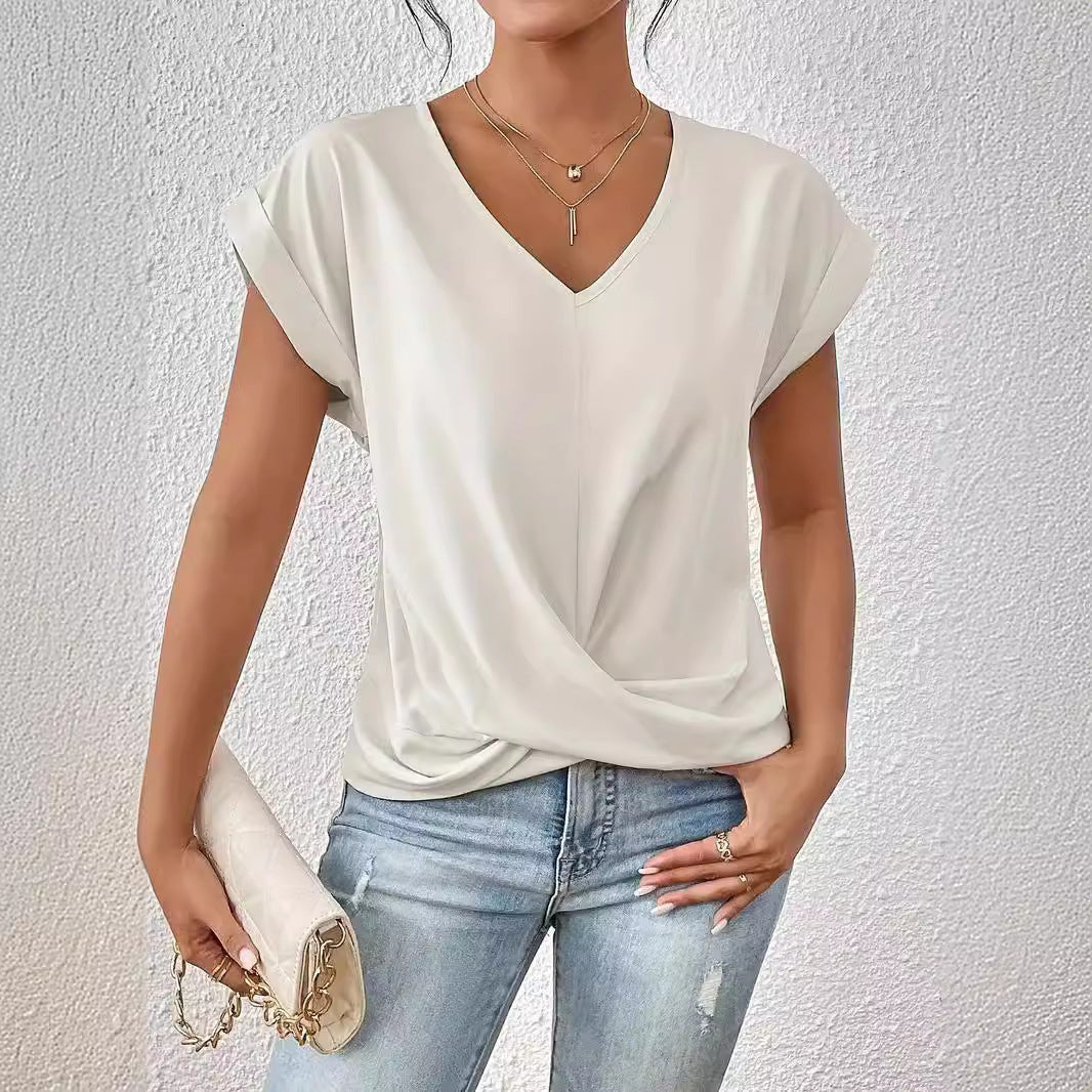 Popular solid color V-neck T-shirt, elegant short-sleeved top