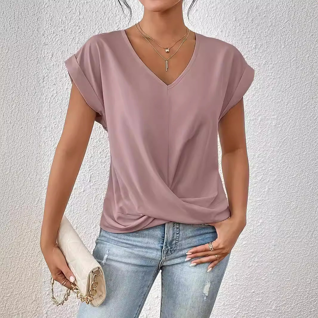 Popular solid color V-neck T-shirt, elegant short-sleeved top