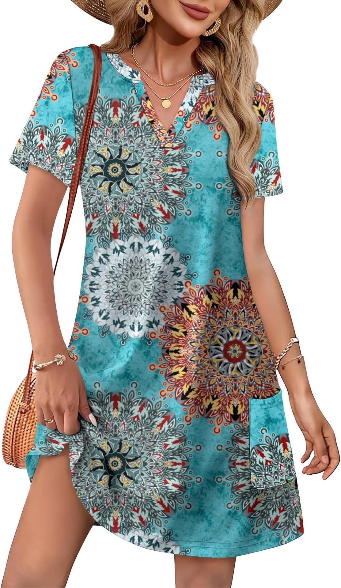 Summer casual V-neck loose short-sleeved fashionable beach dress