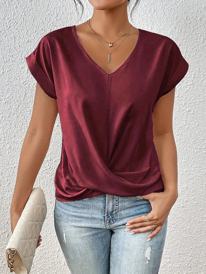Popular solid color V-neck T-shirt, elegant short-sleeved top