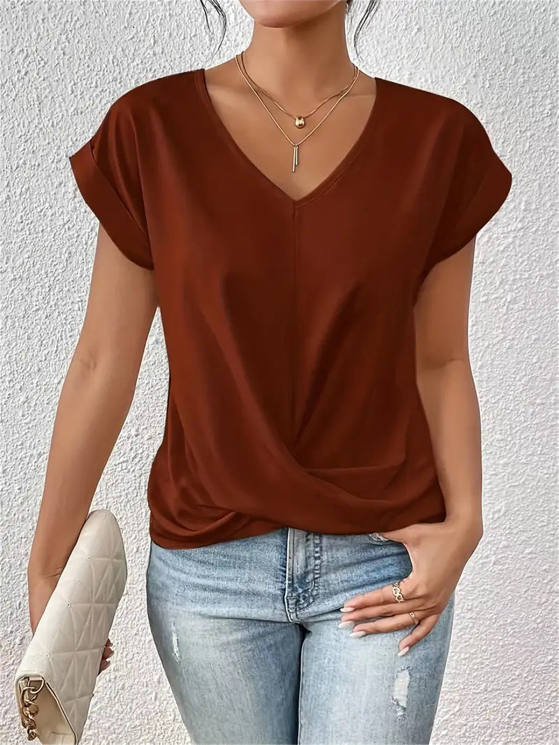 Popular solid color V-neck T-shirt, elegant short-sleeved top