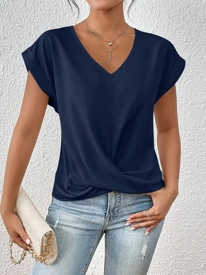 Popular solid color V-neck T-shirt, elegant short-sleeved top