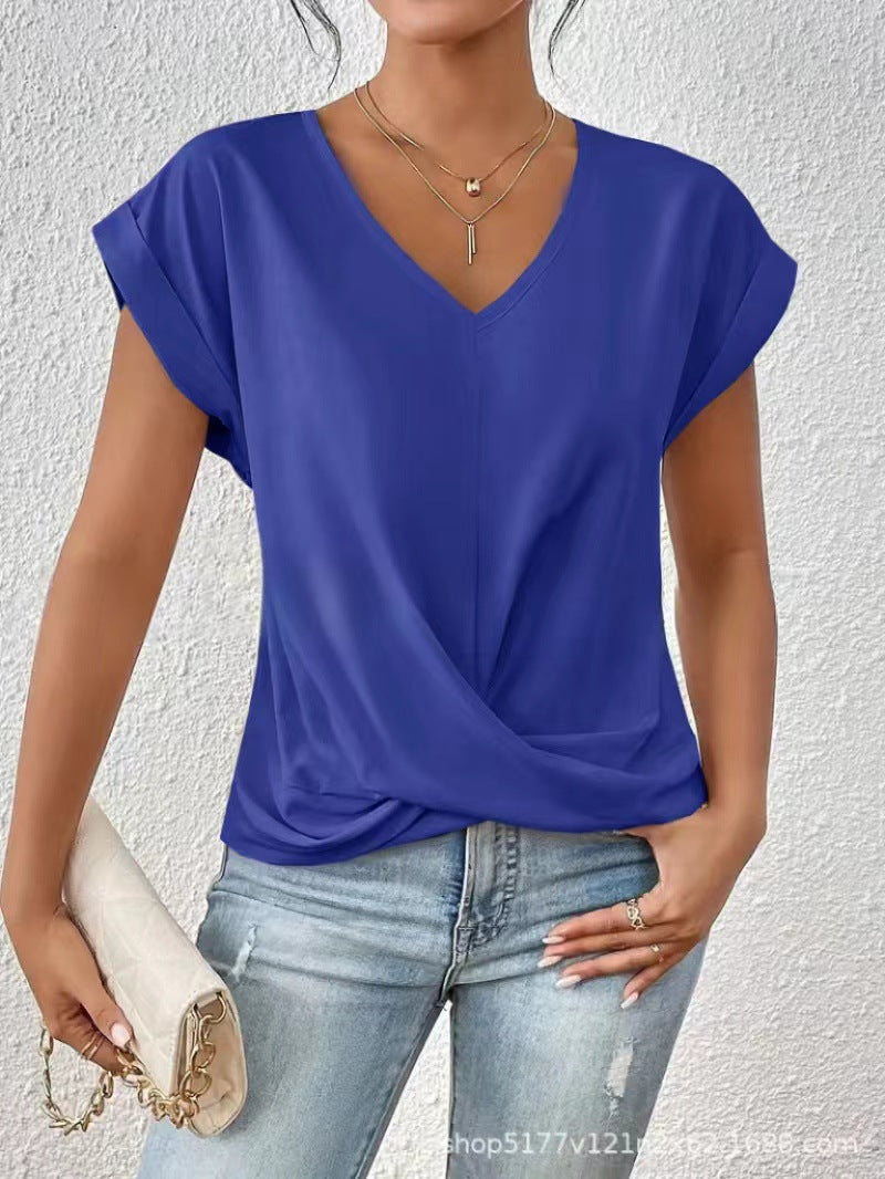 Popular solid color V-neck T-shirt, elegant short-sleeved top