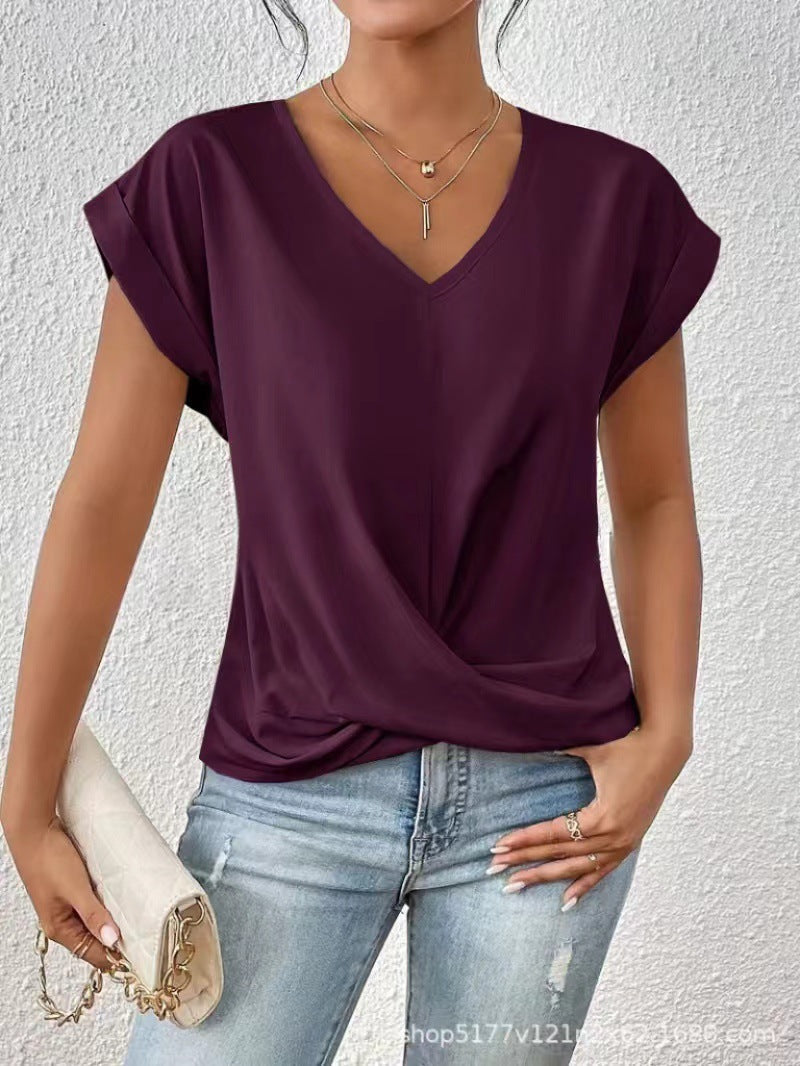 Popular solid color V-neck T-shirt, elegant short-sleeved top